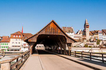 Bremgarten, Altstadt, Reussbrücke, Holzbrücke, Muri-Amthof, Reuss, Fluss, Altstadthäuser, Reussufer, Aargau, Reusstal, Frühling, Schweiz