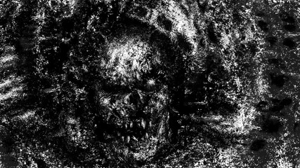 Dead man skull in rusty metal. Dark face of corpse is screaming. Black and white illustration in horror fantasy genre. Scary background of remains. Gloomy character concept art. Coal and noise effect.