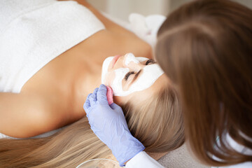 Obraz na płótnie Canvas Woman getting spa face mask in beauty studio.