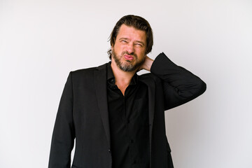 Middle age business dutch man isolated on white background suffering neck pain due to sedentary lifestyle.