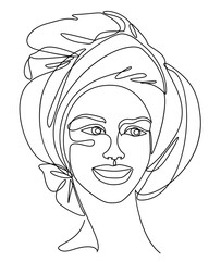 Silhouettes of the head of a girl in a turban, scarf. Woman face in modern one line style. Solid line, aesthetic outline for decor, posters, stickers, logo. Vector illustration.
