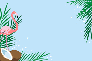 Coconut, palm leaves and pink flamingo on rectangular frame. Copy space for design. Flat style. © EllSan