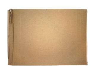 Overhead view of rectangular brown paper box background isolated on white background. Used cardboard texture. Packaging and shipping concept.