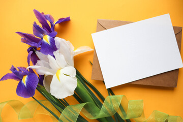 greeting card mockup. spring bouquet. bouquet of irises and space for text 