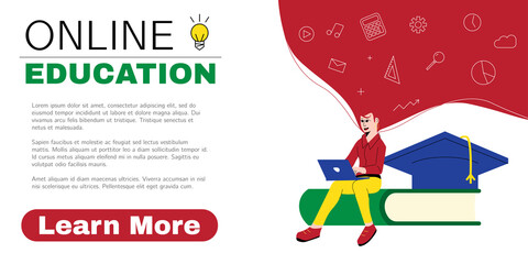 Fototapeta premium Banner for online education ad. Man taking online courses via laptop. Virtual graduation, webinar, distance learning concepts. Advertisement for web or social media. Vector illustration
