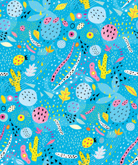 Organic abstract seamless pattern background in bold and vivid colors, freehand shapes, leaves cactus contemporary art for fabric, packaging and other graphic design. Vector abstract background.