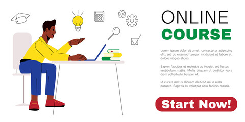 Banner for online education ad. Man taking online courses via laptop. Virtual graduation, webinar, distance learning concepts. Advertisement for web or social media. Vector illustration