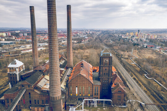 Aerial view of industrial heritage in Bytom Szombierki district. Coal power plant.