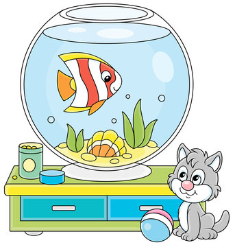 recommend clip art: Cute grey kitten watching a funny striped butterfly fish swimming in a home round home aquarium with a sea shell and seaweeds, vector cartoon illustration isolated on a white background