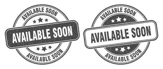 available soon stamp. available soon label. round grunge sign