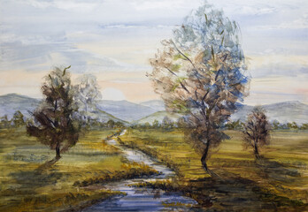Fototapeta na wymiar Meadow with small river, trees and distant hill at sunset. Watercolor handmade landscape painting