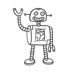 Robot. Doodle character. Metal computer man. Friendly Mechanism. Black and white cartoon illustration. Funny children drawing