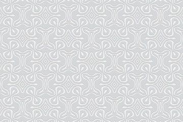 Fototapeta premium White ethnic wallpaper. Background with volumetric composition with 3D effect of convex shape. Geometric embossed pattern in African, Mexican style.