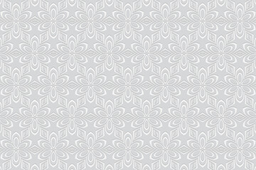Geometric white ethnic floral stylized wallpaper. A background with a volumetric composition with a 3D effect of a convex shape.