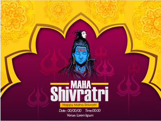 Greeting card for illustration of Lord Shiva, Indian God of Hindu for maha Shivratri, with hindi text har har mahadev meaning 'Everyone is Lord Shiva'. and 'om namah shivay'