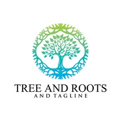 Root Of The Tree logo illustration. Vector silhouette of a tree,Abstract vibrant tree logo design, root vector - Tree of life logo design inspiration isolated on white background.