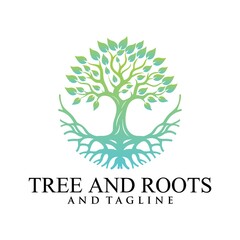 Root Of The Tree logo illustration. Vector silhouette of a tree,Abstract vibrant tree logo design, root vector - Tree of life logo design inspiration isolated on white background.
