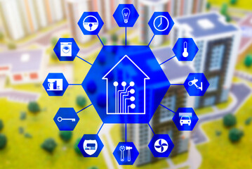 Using the Smart home system. Schematic buttons of the Smart home system on the background of a...