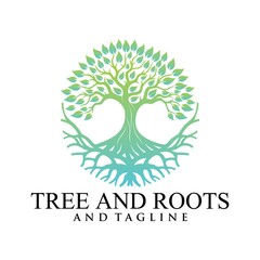 Root Of The Tree logo illustration. Vector silhouette of a tree,Abstract vibrant tree logo design, root vector - Tree of life logo design inspiration isolated on white background.