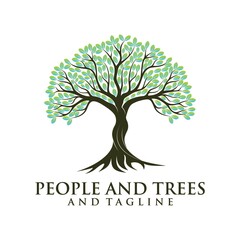 Obraz premium green spring tree with female face and roots on white background, vector, Abstract Human tree logo. Unique Tree Vector illustration with circle and abstract woman shape.