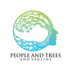 green spring tree with female face and roots on white background, vector, Abstract Human tree logo. Unique Tree Vector illustration with circle and abstract woman shape.