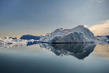 Greenland. Icebergs in Disco Bay. Landscapes of polar nature.