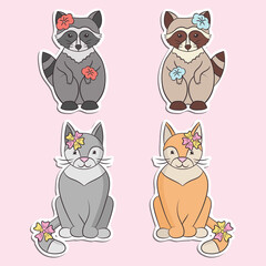 Set of stickers with cats and raccoons