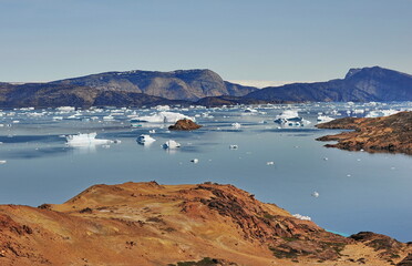 Greenland. Icebergs in Disco Bay. Landscapes of polar nature.