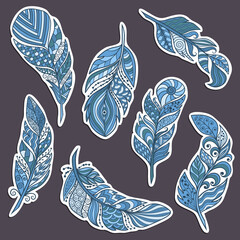 A set of stickers with abstract blue feathers in zenart style