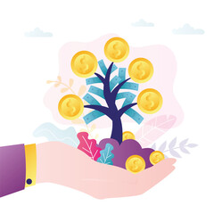 Hand gently holds tree with gold coins and dollars. Businessman hand with money tree