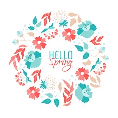 Hello spring. Set of cute hand-drawn Spring flowers. Many bright and beautiful flowers. Cute floral seamless pattern. Vector background with flowers and leaves.