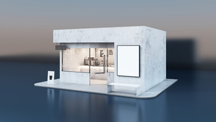 Isometric Cafe shop and Restaurant modern minimal design,Counter top steel concrete,Glass door,windows steel frame,Concrete wall,Concrete floor- 3D render