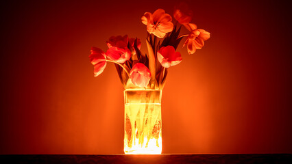 a bouquet of tulips in a vase with bright red illumination - an unreal gift of a vampire