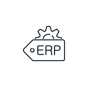 Label, gear. The concept of buying, setting up, operating, supplying, optimizing ERP system . Vector icon isolated on white background.