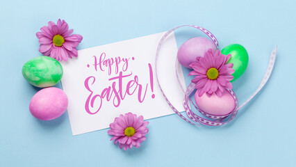 Easter greeting card with colorful easter eggs and flowers