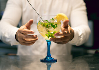 Barman serving mojito cocktail on a balloon cup. Concept for alcoholic drinks and cocktails.