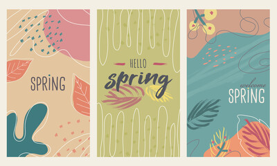 Obraz premium Happy spring stories backgrounds set, colorful and vectored. Flat and lined style with flowers, geometric and other abstract elements in hand drawn style. Suitable for social media, post cards, ads...