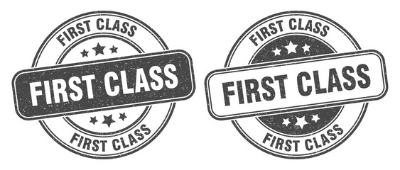 first class stamp. first class label. round grunge sign