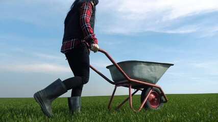 farmer girl red neck works in the field with a lifestyle garden trolley in rubber boots. farmer eco farming farming harvesting concept. woman wheels a garden cart wheelbarrow across a field with green