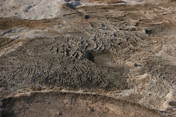 Carbonate mineral travertine texture. Wavy stone surface. Pamukkale, Denizli Turkey.