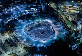 The Hajj annual Islamic pilgrimage to Mecca, Saudi Arabia, the holiest city for Muslims. Aerial view.