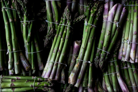 High angle close up of freshly picked bunches of green asparagus.