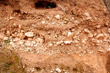 Frontal detail of different strata and layers of rock and earth on a slope.