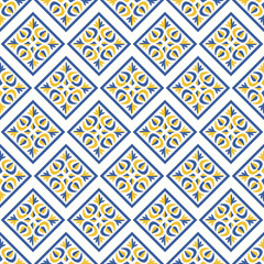 vector blue and yellow ethnic asian floral in square seamless pattern on white