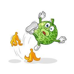 melon slipped on banana character. cartoon mascot vector