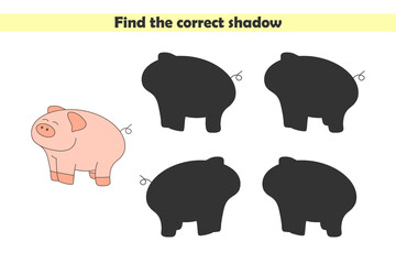 Find correct shadows of cute pig. Educational logical game for kids isolated on white background. Vector illustration