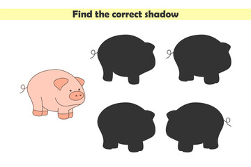 Find correct shadows of cute pig. Educational logical game for kids isolated on white background. Vector illustration