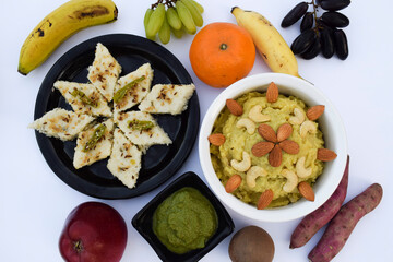 Farali dishes items like White farali gujarati dhokla with green mint coriander green chilly...