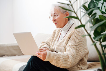 Grandma works behind the laptop, sitting on the couch in the living room