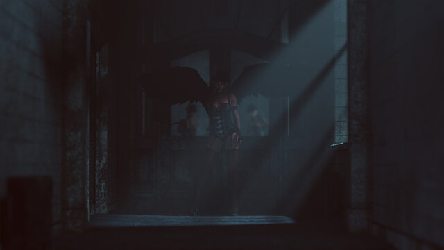 Asylum Red Devil Pin-Up Girl in a Corset and Top Hat with Black Wings Derelict Abandoned Hospital 3d Illustration render